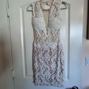 Jovani White Rhinestone and Lace Formal Dress with Open Back